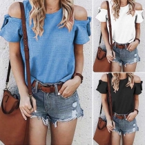 Sexy Off-shoulder Short Sleeve Round Neck Solid Color T-shirt 