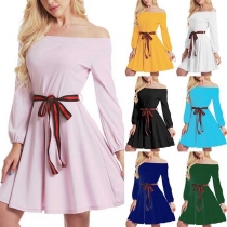 Sexy Off-shoulder Boat Neck Long Sleeve Solid Color Dress