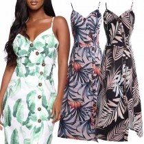 Sexy Backless V-neck Front-button Printed Sling Dress