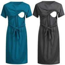 Fashion Solid Color Short Sleeve Round Neck Breastfeeding Dress