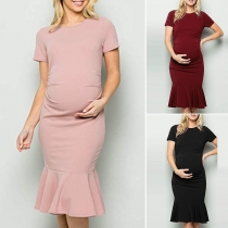 Fashion Solid Color Short Sleeve Ruffle Hem Maternity Dress