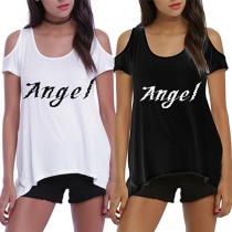 Sexy Off-shoulder Wings Printed Irregular Hem T-shirt