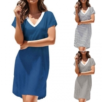 Fashion COntrast Color Short Sleeve V-neck T-shirt Dress