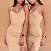 Sexy Backless V-neck SLit Hem Slim Fit Sling Dress