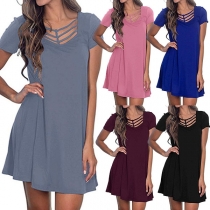 Fashion Solid Color Short Sleeve Dress