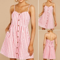 Sexy Backless Front-button Sling Striped Dress