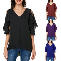 Fashion Lotus Sleeve V-neck High-low Hem Solid Color Top
