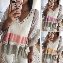 Fashion Lace Spliced V-Neck 3/4 Lotus Sleeve Top 