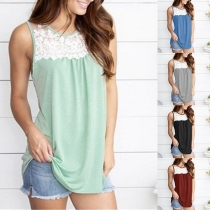 Fashion Sleeveless Round Neck Lace Spliced Top