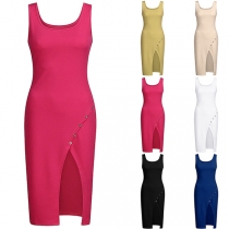 Sexy Slit Hem Sleeveless Solid Color Slim Fit Dress