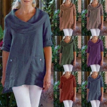 Fashion Long Sleeve Cowl Neck Irregular Hem T--shirt