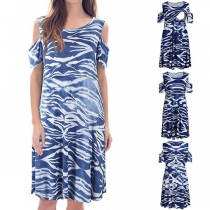 Sexy Off-shoulder Short Sleeve Round Neck Printed Dress