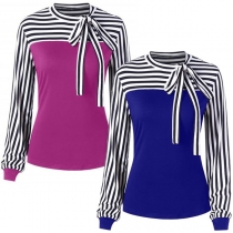 Fashion Striped Spliced Long Sleeve Lace-up Round Neck T-shirt 
