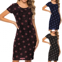 Fashion Short Sleeve Round Neck Slim Fit Printed Dress