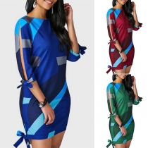 OL Style Half Sleeve Round Neck Slim Fit Contract Color Dress