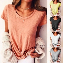 Fashion Solid Color Short Sleeve Round Neck T-shirt 