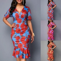 Sexy V-neck Ruffle Hem Short Sleeve Printed Dress