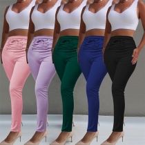 Fashion Lace-up High Waist Solid Color Slim Fit Pencil Pants