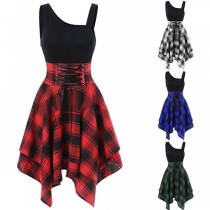 Sexy Off-shoulder Plaid Spliced Irregular Hem Sling Dress