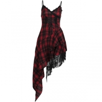 Sexy Backless Irregular Hem Plaid Spliced Sling Dress