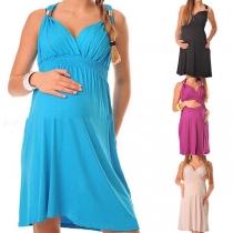 Sexy Backless V-neck Solid Color Sling Maternity Dress