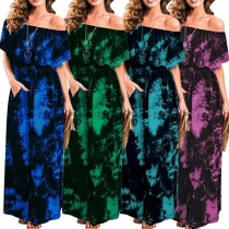 Sexy Off-shoulder Boat Neck High Waist Printed Maxi Dress