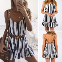 Sexy Backless Ruffle Hem Sling Striped Dress