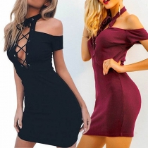 Sexy Off-shoulder Short Sleeve Slim Fit Halter Dress