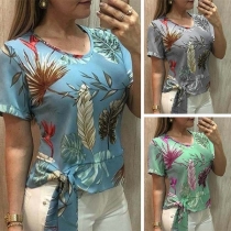 Fashion Short Sleeve Round Neck Lace-up Hem Printed T-shirt 