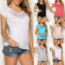 Fashion Solid Color Short Sleeve Round Neck Lace Spliced T-shirt