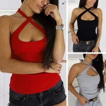 Sexy Off-Shoulder Solid Color Crossover Halter Tank Top