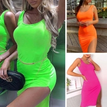 Sexy Irregular Slit Hem Solid Color Sling Tight Dress