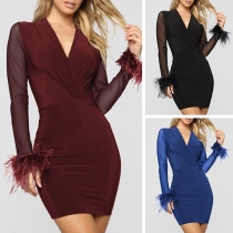 Sexy V-Neck Long Sleeve Solid Color Slim Fit Dress