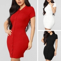 Fashion Solid Color Short Sleeve POLO Collar Tight Dress