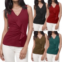 Fashion Solid Color Sleeveless V-neck Ruffle Tank Top