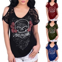 Fashion Off-Shoulder Lace Spliced Printed T-Shirt