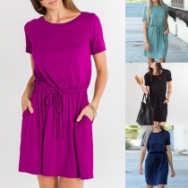 Fashion Solid Color  Round Neck Short Sleeve Dress