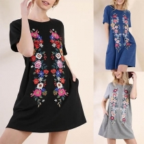 Casual Solid Color Round Neck Short Sleeve Printed Dress