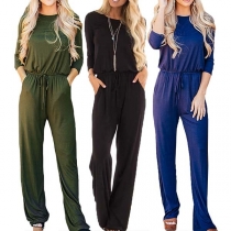 Fashion Solid Color Long Sleeve Round Neck High Waist Jumpsuit 