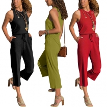 Fashion Solid Color Sleeveless Round Neck Jumpsuit