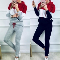Fashion Contrast Color Long Sleeve Hooded Sports Suit 