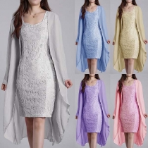 Elegant Solid Color Lace Dress + Long Sleeve Cardigan Two-piece Set