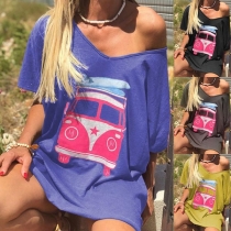 Fashion Bus Printed Short Sleeve Casual T-shirt