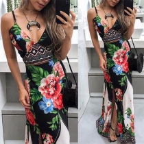 Sexy Backless V-Neck Slit Hem Sling Printed Dress