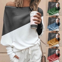 Fashion Oblique Shoulder Long Sleeve Contrast Color T-Shirt