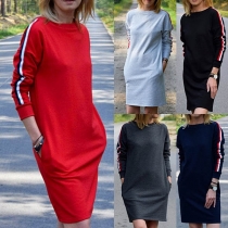 Fashion Stripe Spliced Long Sleeve Round Neck Dress