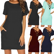 Sexy Backless Short Sleeve Solid Color Dress