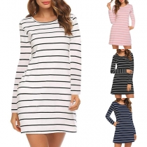 Sexy Crossover Backless Long Sleeve Striped Dress