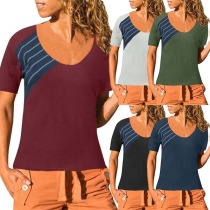 Fashion Short Sleeve Round Necl Striped Spliced T-Shirt