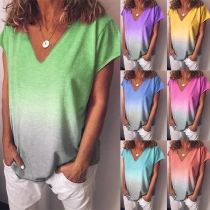 Fashion Color Gradient Short Sleeve V-neck T-shirt